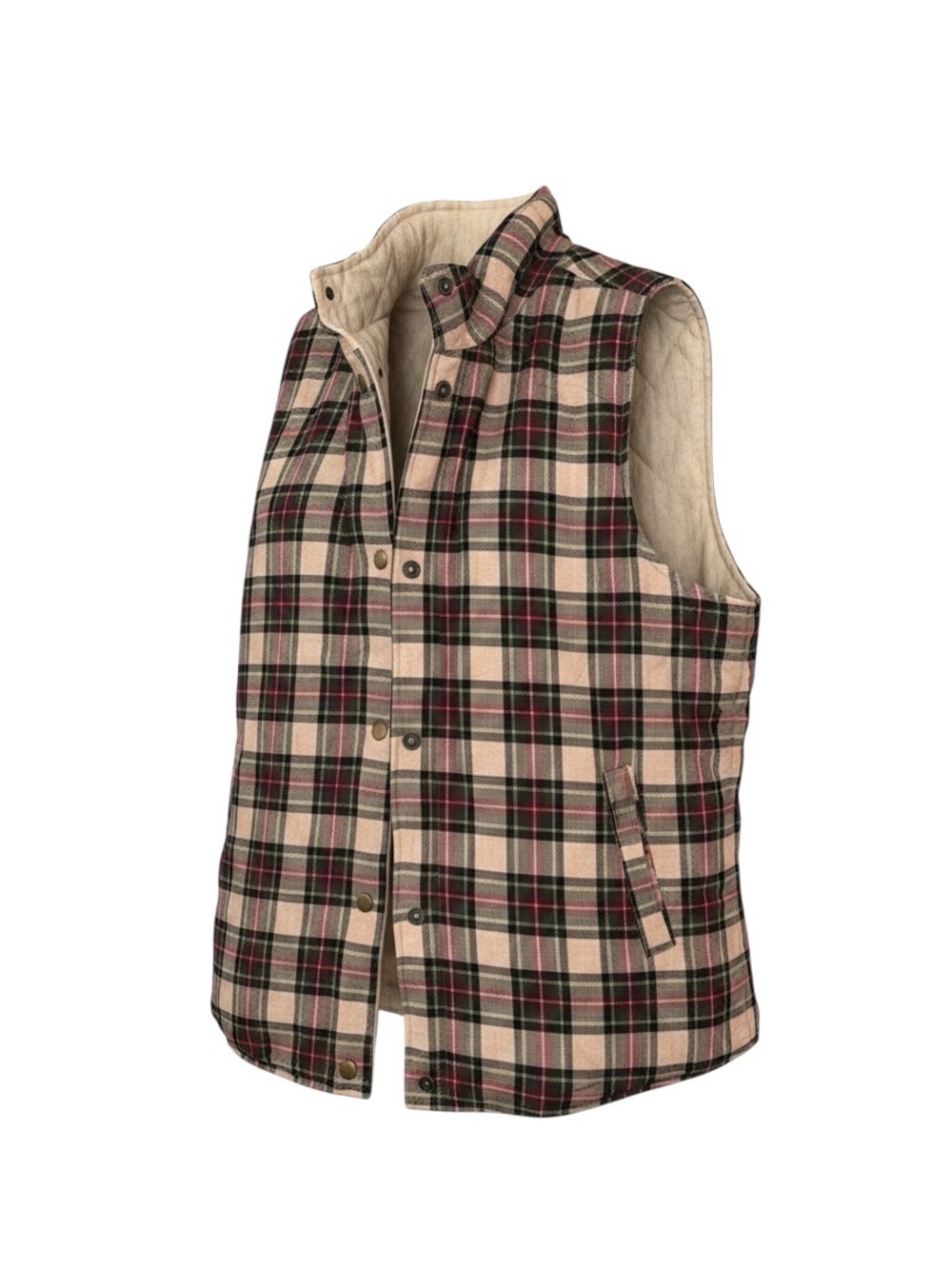 Oatmeal Quilted Reversible Vest with Plaid Lining Size Large
